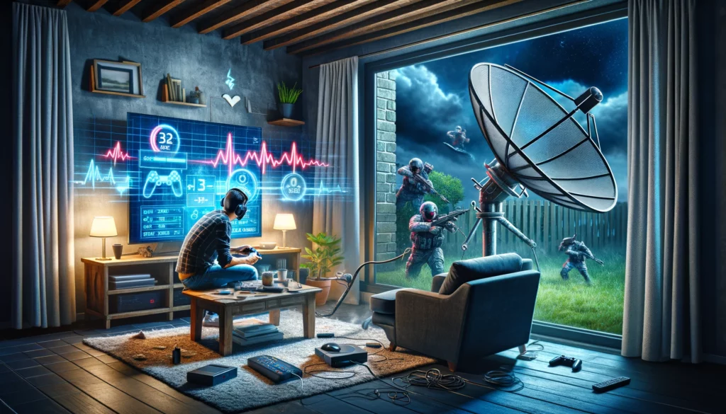 A modern home gaming setup showing a frustrated gamer facing lag and connectivity issues while playing an online game. The room features sophisticated gaming equipment with visible lag indicators on the monitor and fluctuating signal strength icons. A satellite dish is seen outside the window, highlighting the limitations of satellite internet for gaming. The contrast between high-end gaming gear and the drawbacks of satellite connectivity underscores the need for reliable internet connections in the gaming experience."