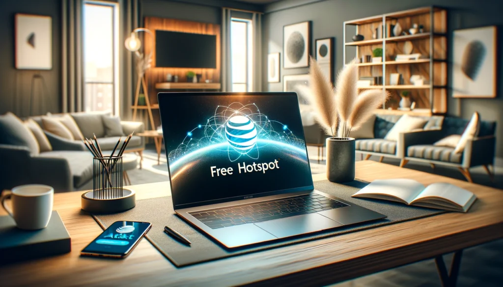 The image depicts a modern, sophisticated home office with advanced technology, illustrating the theme of accessible internet through AT&T's free hotspot service.