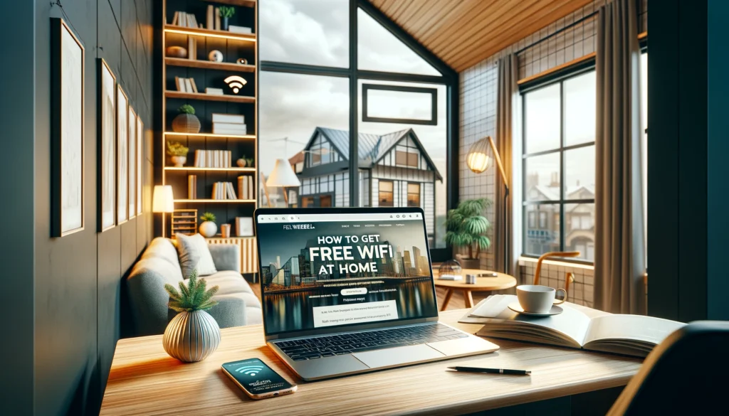 Modern home office showcasing free WiFi solutions, with a laptop displaying tips and a smartphone highlighting a mobile hotspot feature, set in a tech-savvy and stylish room.