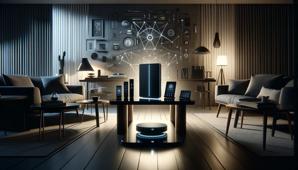 A modern living room featuring a Fidium router on a table, surrounded by smart devices, blending technology with home decor.