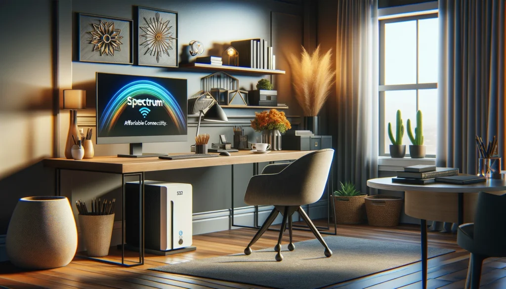 A modern home office with Spectrum's high-speed internet service, illustrating affordable connectivity in a stylish and technologically advanced setting.