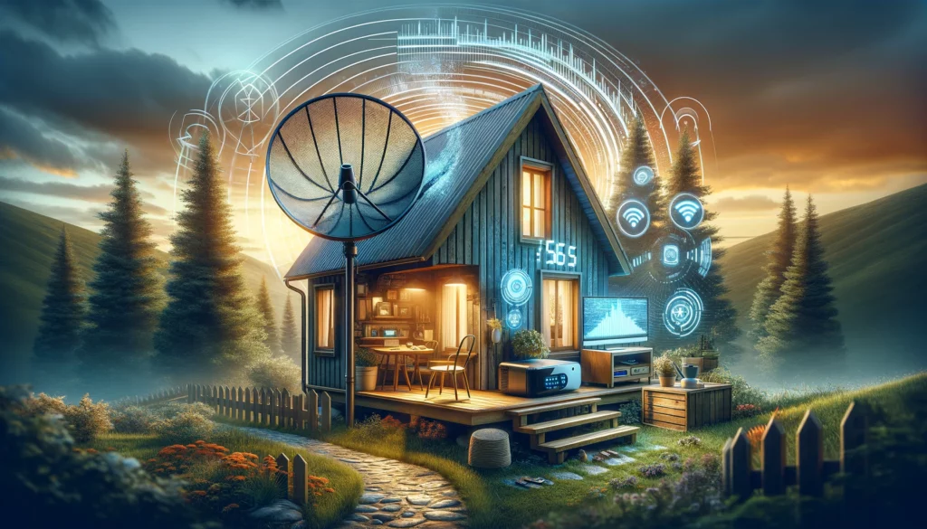 An illustration of a rural home optimizing satellite internet connectivity. Features include a satellite dish with an unobstructed view of the sky, a modern router inside the home emitting strong signal waves, and symbols representing high-speed internet. The setting combines modern technology with a picturesque natural environment, highlighting both the functionality and aesthetic appeal of improved satellite internet speed in remote areas.