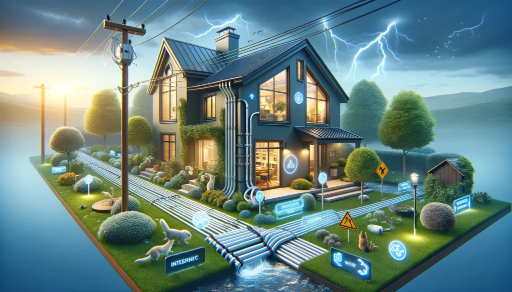 An image depicting a modern home's exterior with internet cables securely enclosed in protective conduits and covers against a backdrop of potential environmental hazards. It illustrates a cable running along the house's side, safeguarded from weather conditions and animals, symbolizing effective cable management and protection strategies for reliable internet connectivity.