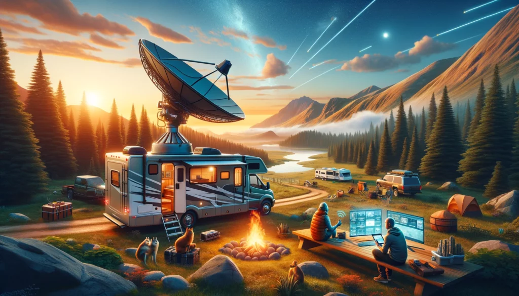 An RV parked in a serene outdoor location, equipped with a satellite dish on its roof, symbolizing the blend of adventure and digital connectivity. The clear sky above suggests successful satellite communication, while a person inside enjoys streaming services, showcasing the sophisticated functionality of RV satellite systems in nature.