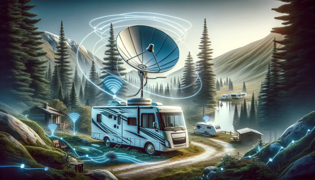 An RV parked in a serene, remote location, equipped with a modern satellite dish on its roof, symbolizing seamless internet connectivity. The RV is surrounded by lush greenery and a clear blue sky, highlighting the blend of adventure and the convenience of staying connected with sophisticated satellite internet technology in the wilderness.