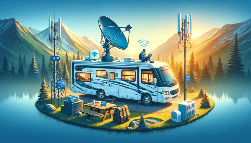 "An RV parked in a serene outdoor setting, equipped with a satellite dish, mobile hotspot, and Wi-Fi extender on its roof. Through the RV window, a person can be seen using a laptop, symbolizing active internet use amidst nature. The scene merges the tranquility of the outdoors with the sophistication of modern internet technology, showcasing the possibility of staying connected anywhere on the travel journey.