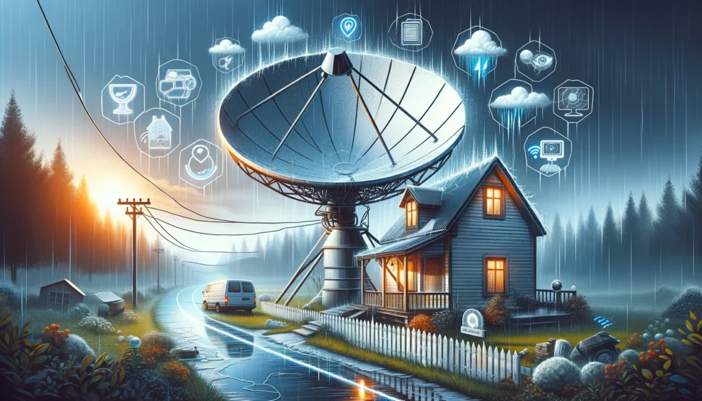 A satellite dish outside a rural home faces rain, snow, and thunderstorms, illustrating satellite internet's connectivity challenges during adverse weather conditions, set against a backdrop that highlights its crucial role in remote internet access.