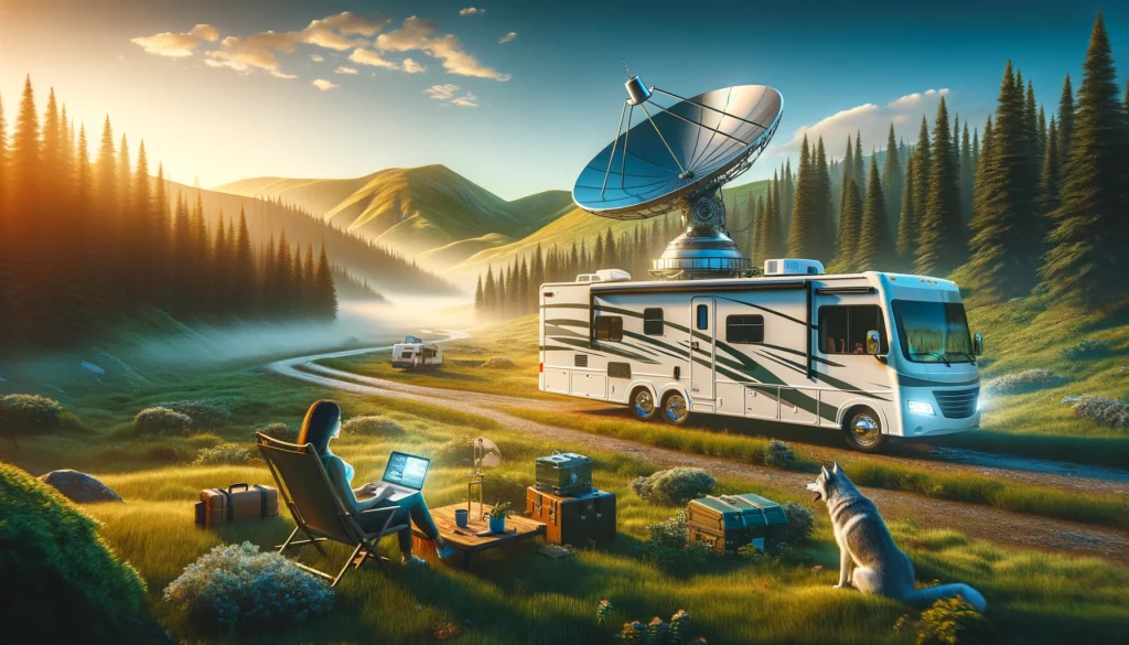 An RV parked in a serene, remote location, equipped with a satellite dish on its roof, symbolizing reliable internet connectivity. A person is seen using a laptop outside the RV, surrounded by nature, embodying the digital nomad lifestyle and the freedom of exploring with satellite internet.