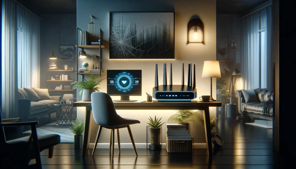 A sleek Optimum router on a minimalist desk in a modern home office, with ambient lighting and smart home devices, illustrating the reset process for improved connectivity.