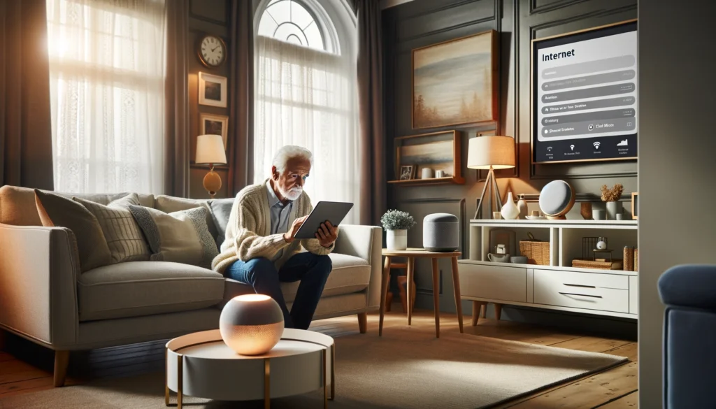 This image showcases a senior citizen in a modern living room, engaging with technology to explore internet options, highlighting functionality and aesthetic appeal.
