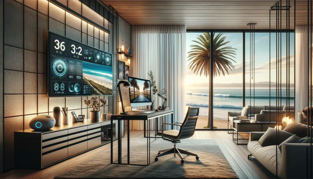 Modern home office in Newport Beach with advanced internet technology, showcasing a blend of luxury and digital connectivity.