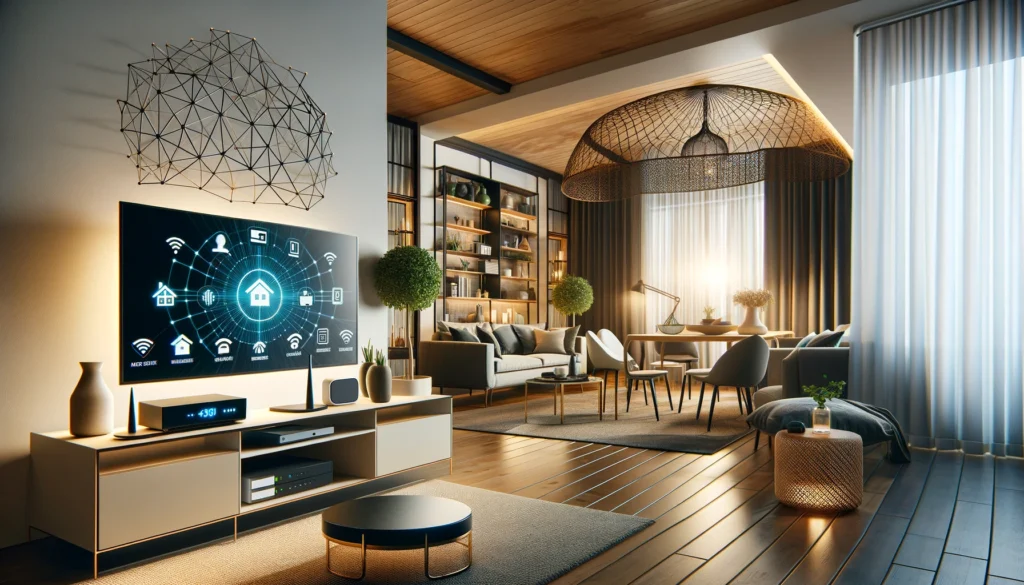 Modern living room showcasing integrated home internet services and smart technology.