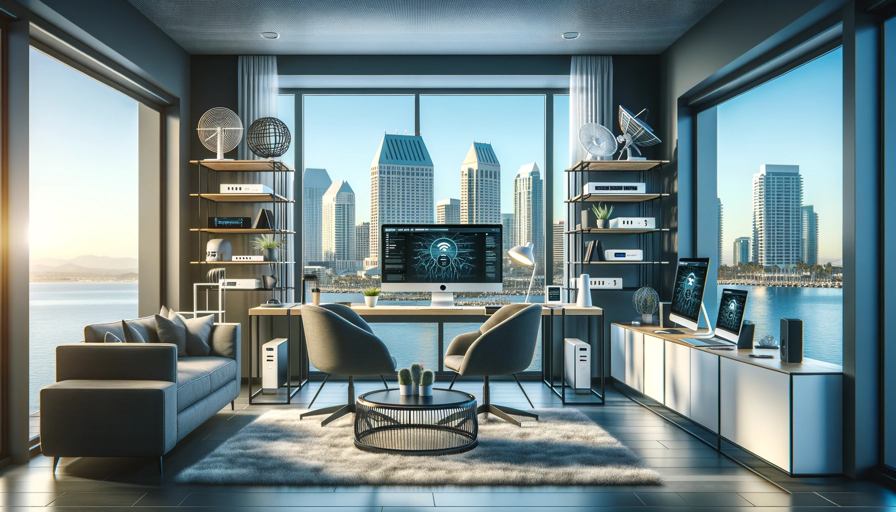 Modern home office in San Diego featuring advanced internet technology and a scenic view, highlighting a blend of functionality and design.