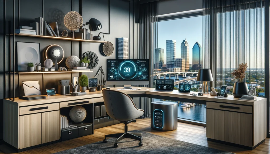 Modern home office in Tampa with advanced internet technology and city skyline view.