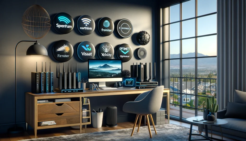 Modern home office in Riverside showcasing various ISP devices, emphasizing technology integration and aesthetic appeal.