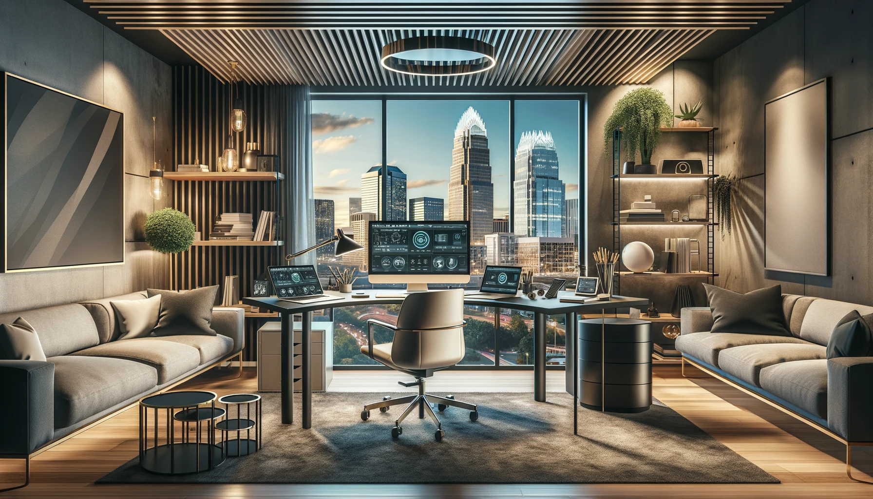 Modern home office in Charlotte with advanced technology and skyline view.