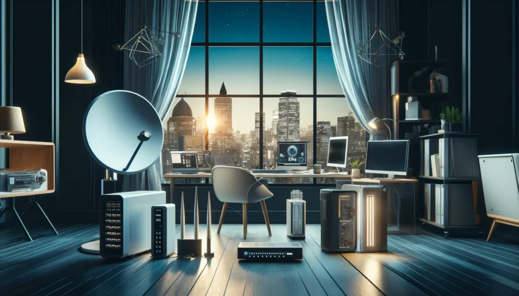 Modern home office in Buffalo with internet connectivity devices and cityscape view.