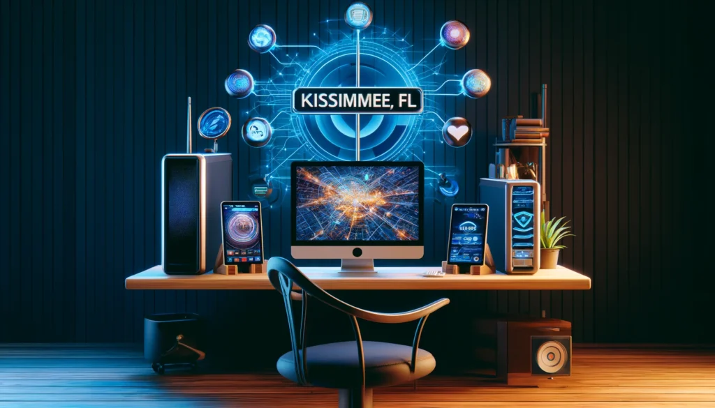 Modern home office in Kissimmee with advanced technology and diverse internet service devices.