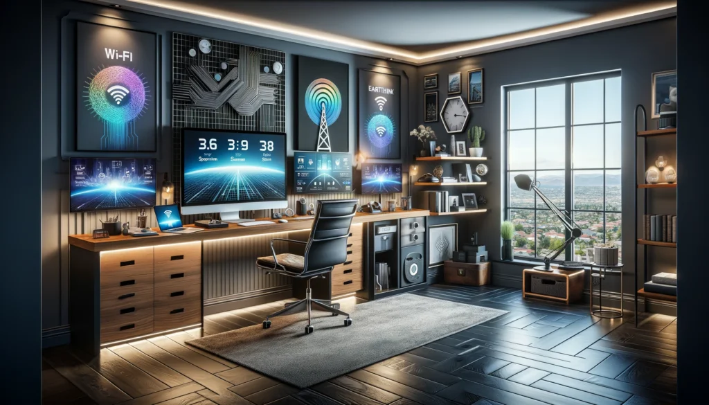 Modern home office in Beaumont with high-speed internet setup, showcasing a tech-savvy environment with multiple screens displaying ISP options and smart home gadgets, emphasizing functionality and aesthetic appeal.