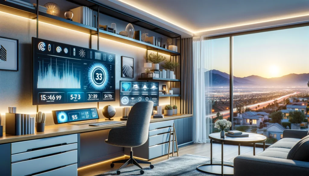 Modern home office in Palmdale with advanced internet technology, displaying ISP options on a digital screen, reflecting a blend of functionality and aesthetic appeal.