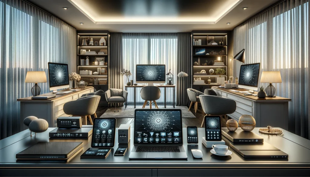 Modern home office in Fullerton showcasing high-speed internet technology, featuring a variety of connected devices and a stylish, functional workspace.