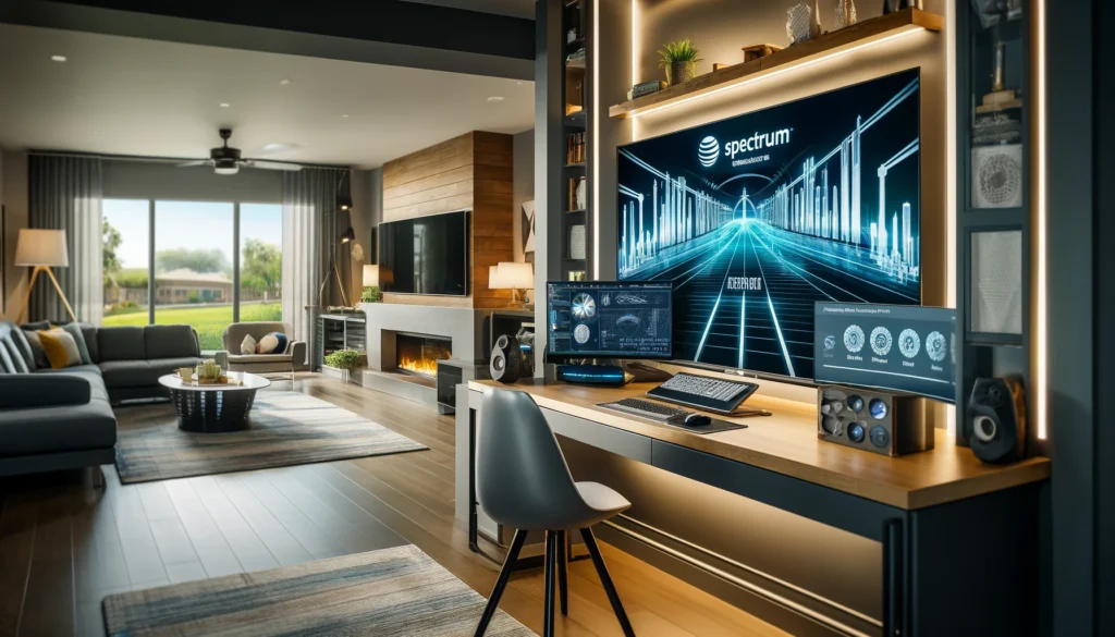 Modern home office in Escondido showcasing advanced technology with a high-tech computer for AT&T's service, a smart TV and gaming console for Spectrum, and a secure workstation for EarthLink, emphasizing functionality and design.