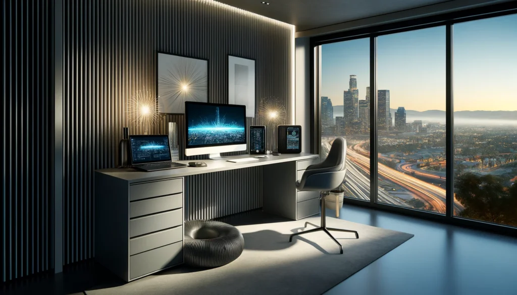 Modern home office in Pasadena with advanced internet technology, emphasizing luxury and high-speed connectivity.