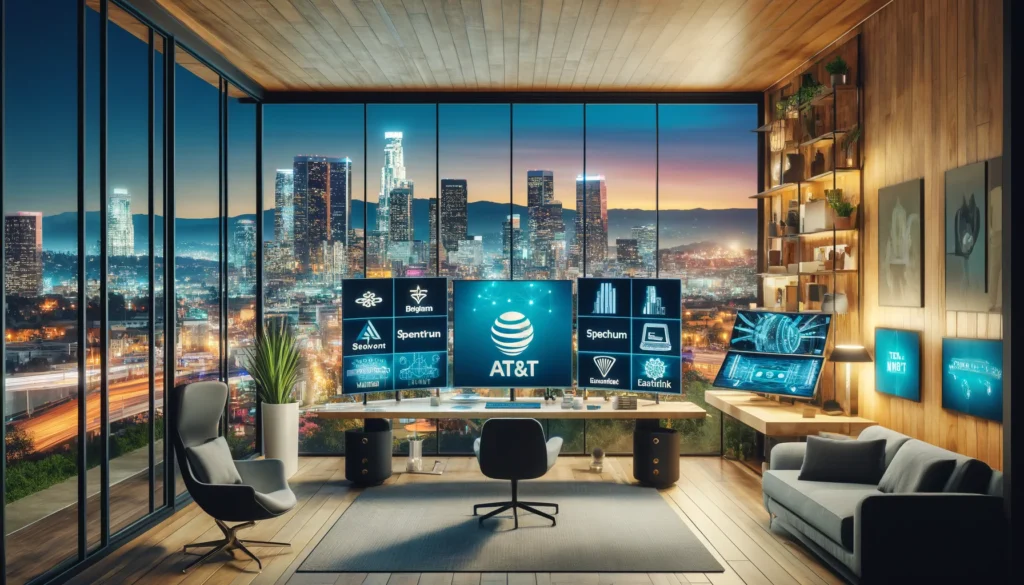 Modern home office in East Los Angeles showcasing technology and ISPs like AT&T, Spectrum, Viasat, and EarthLink.