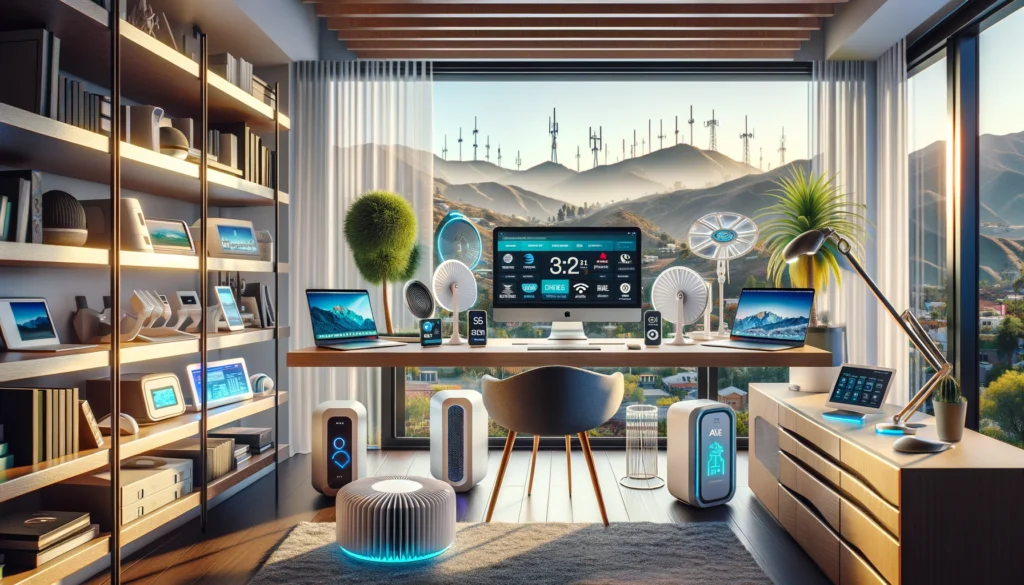 Modern home office in El Monte with advanced technology representing various internet service providers, highlighting connectivity and aesthetic appeal.