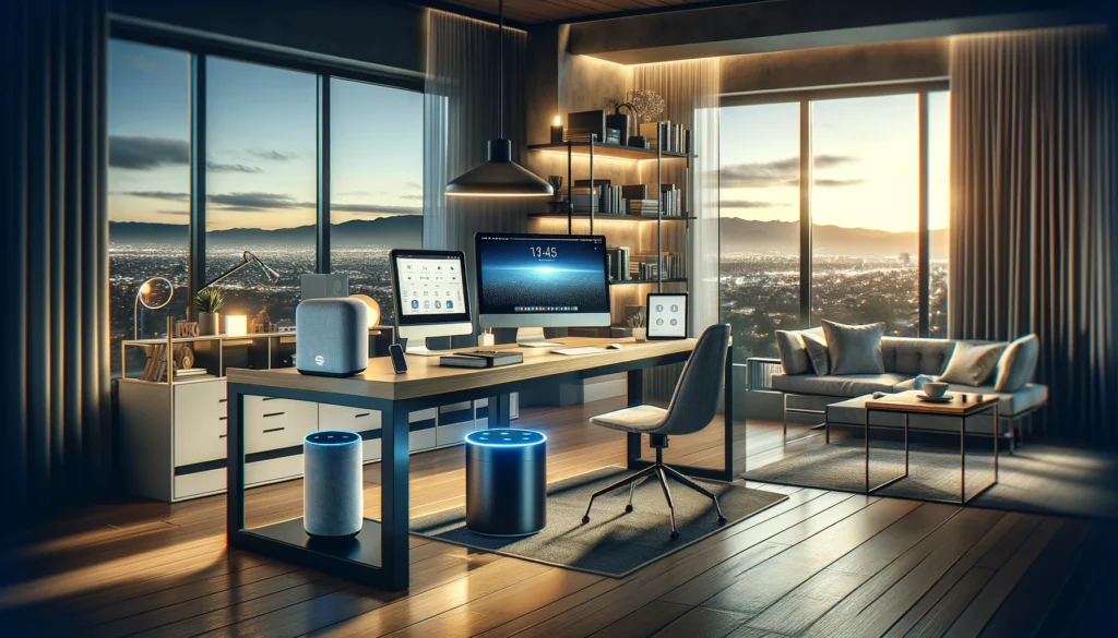 Modern home office in Van Nuys with advanced internet-connected devices, symbolizing top internet service providers' connectivity and technology integration.