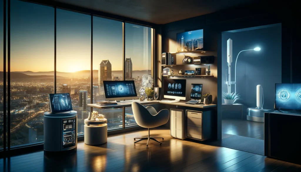 Modern home office in Vista, CA showcasing advanced internet technologies from AT&T, Spectrum, and Viasat, reflecting 2024's connectivity trends.