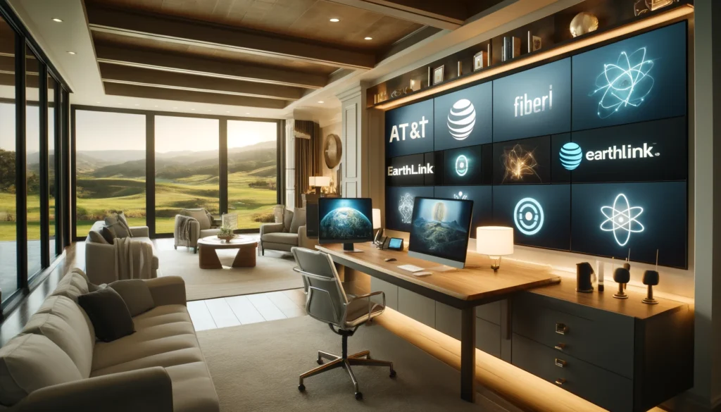 Modern home office in Lake Forest, CA, highlighting advanced internet technology with AT&T Fiber, EarthLink, and Viasat connectivity.