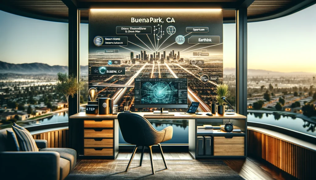 Modern home office in Buena Park with advanced internet technology, featuring ISPs like AT&T, Spectrum, EarthLink, and Viasat.