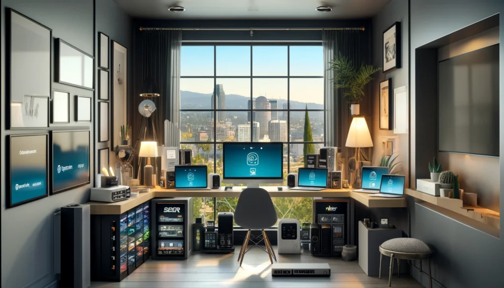 Modern home office in Alhambra, CA, featuring high-speed internet devices from Spectrum, AT&T, EarthLink, and Viasat, emphasizing functionality and aesthetic appeal in technology integration.