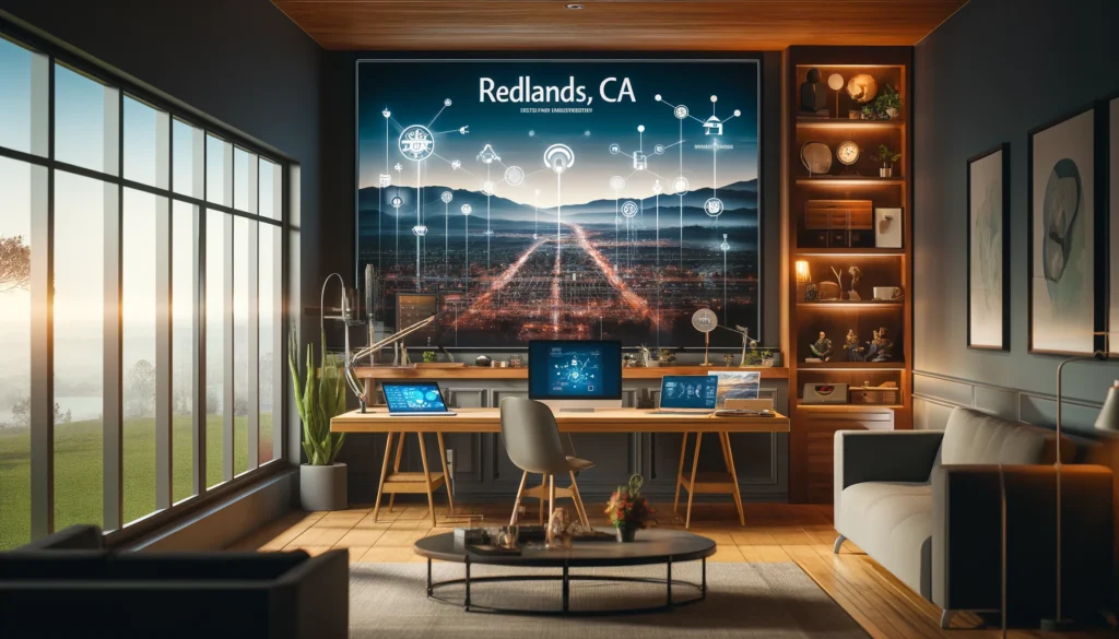 Modern home office in Redlands, CA, featuring advanced technology and a picturesque view, symbolizing local connectivity and digital integration.