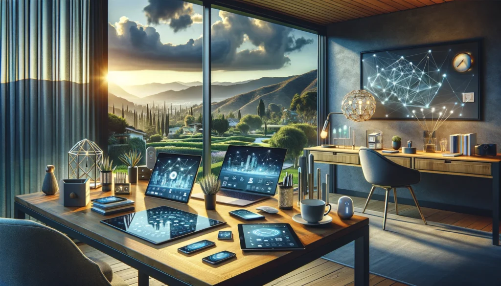 Modern home office in Arcadia, CA, with advanced technology and stylish decor, symbolizing connectivity and digital innovation in internet service options.