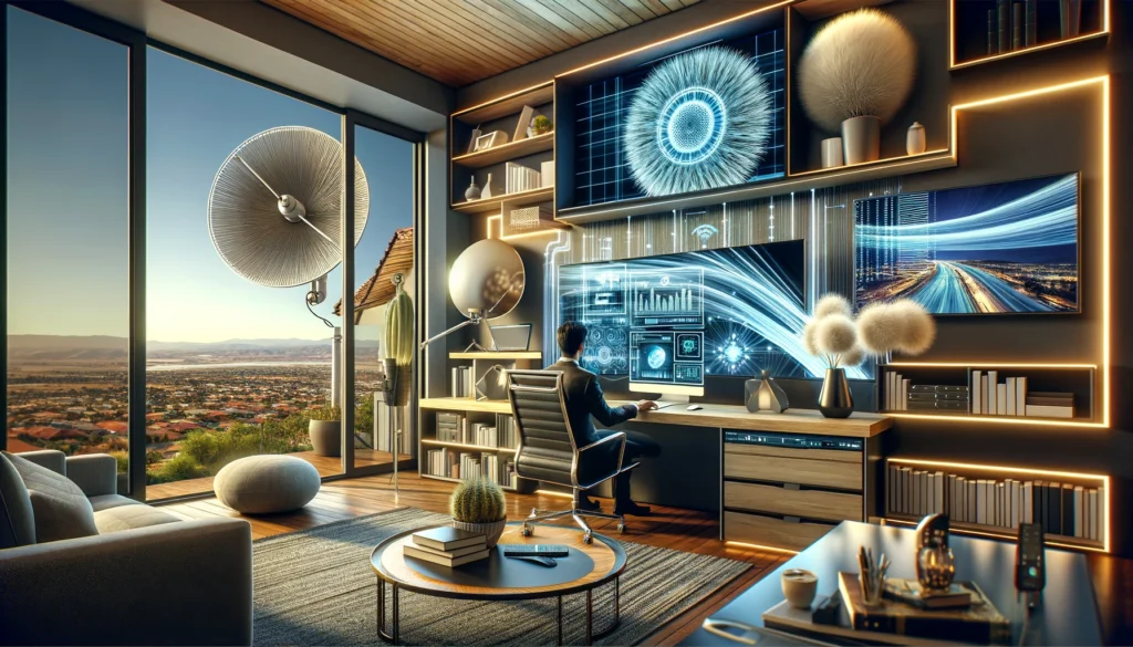 Modern home office in Delano with advanced internet technologies, illustrating the integration of high-speed connectivity in a stylish setting.