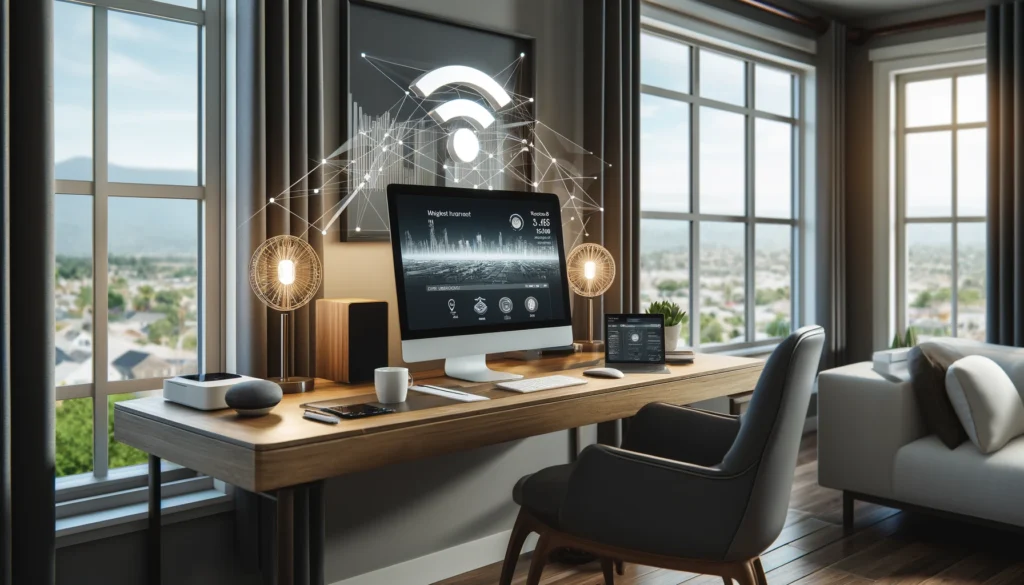 Modern home office in Huntington Park with advanced internet technology, showcasing connectivity and style.