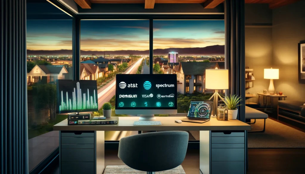 Modern home office in Colton, CA, with advanced internet setup and logos of leading ISPs, showcasing connectivity and stylish technology integration.