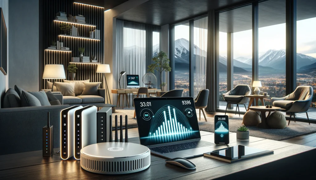 Modern home office in Jasper, IN, showcasing advanced internet technology, symbolizing high-speed connectivity and stylish living space.