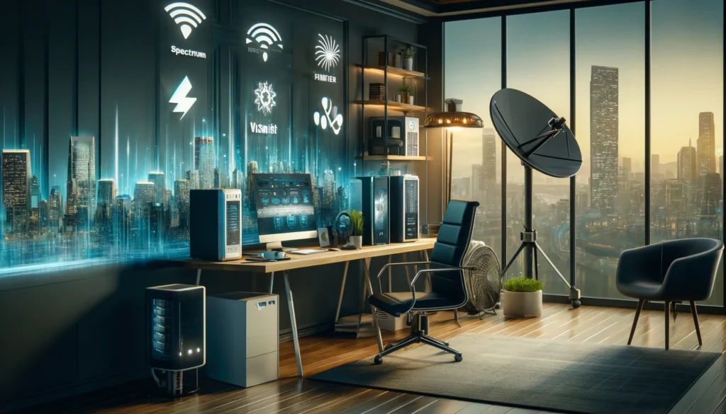 Modern home office in City of Industry, CA, featuring diverse internet service technologies, symbolizing the city's advanced connectivity options for 2024.