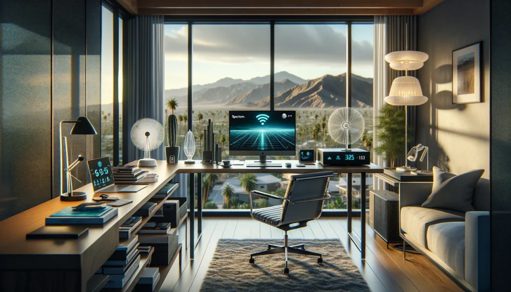 The image depicts a modern and sophisticated home office in Cathedral City, showcasing a high-tech setup with internet service devices from providers like Spectrum, AT&T, and Frontier.