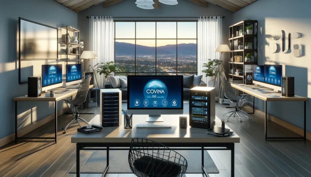 Modern home office in Covina with advanced internet technology, symbolizing high-speed connectivity and a blend of functionality and aesthetic appeal.