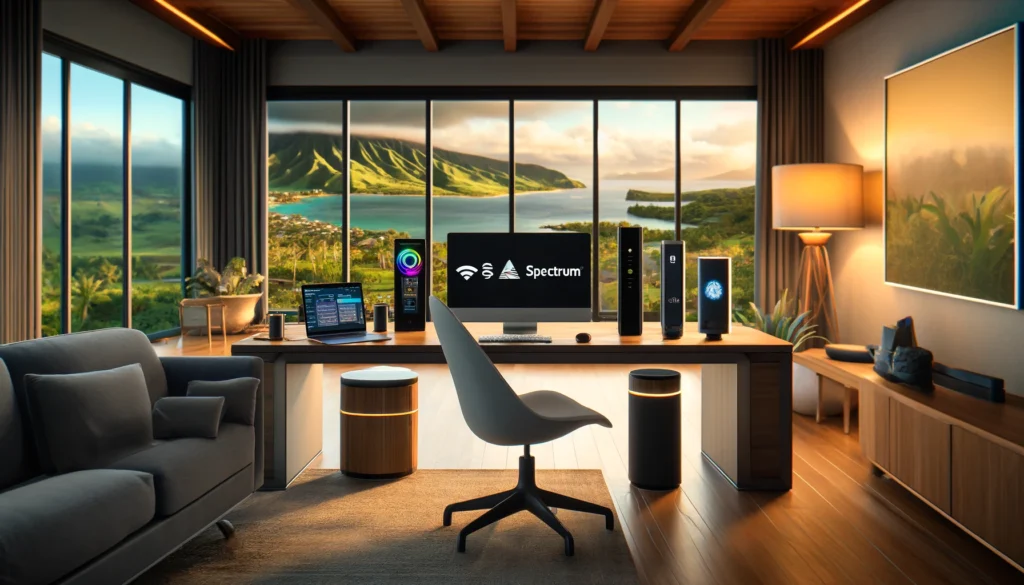 Modern home office in Hilo, HI, with high-end computer setup and smart home devices, featuring logos of Spectrum, EarthLink, and Viasat, reflecting a blend of technology and comfort.