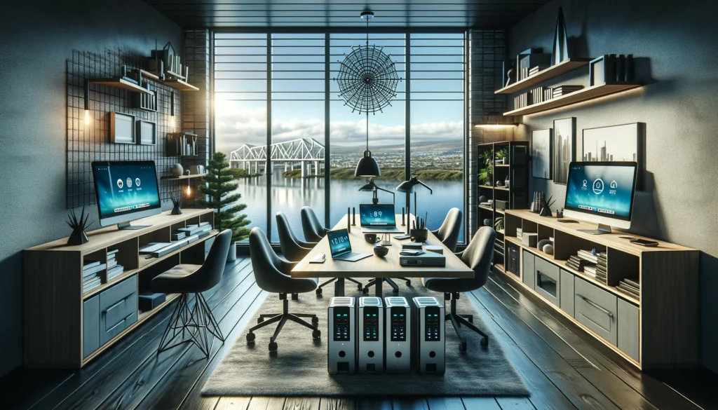 A sophisticated home office in Weslaco, Texas, with a high-tech internet setup, demonstrating modern connectivity solutions in a scenic setting.