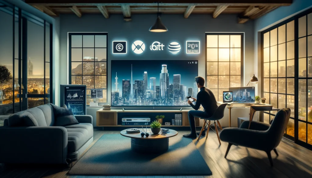 Modern living room in Culver City with high-tech devices representing ISPs Spectrum, AT&T, and Frontier, illustrating the integration of technology and style.