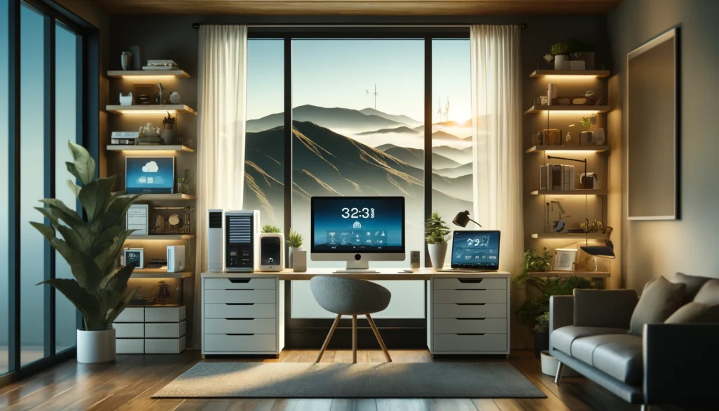 Modern home office in Wildomar, CA, with advanced technology and a view of the Santa Ana Mountains, symbolizing top-tier internet connectivity.