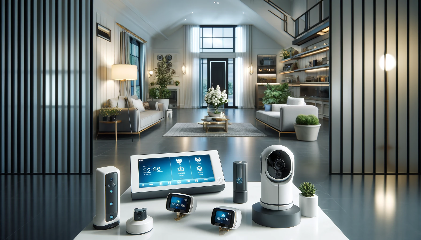 Modern home interior featuring a sophisticated security setup with ADT and Vivint systems, including high-definition surveillance cameras, smart locks, and motion detectors seamlessly integrated into the living space, enhancing both functionality and aesthetics.