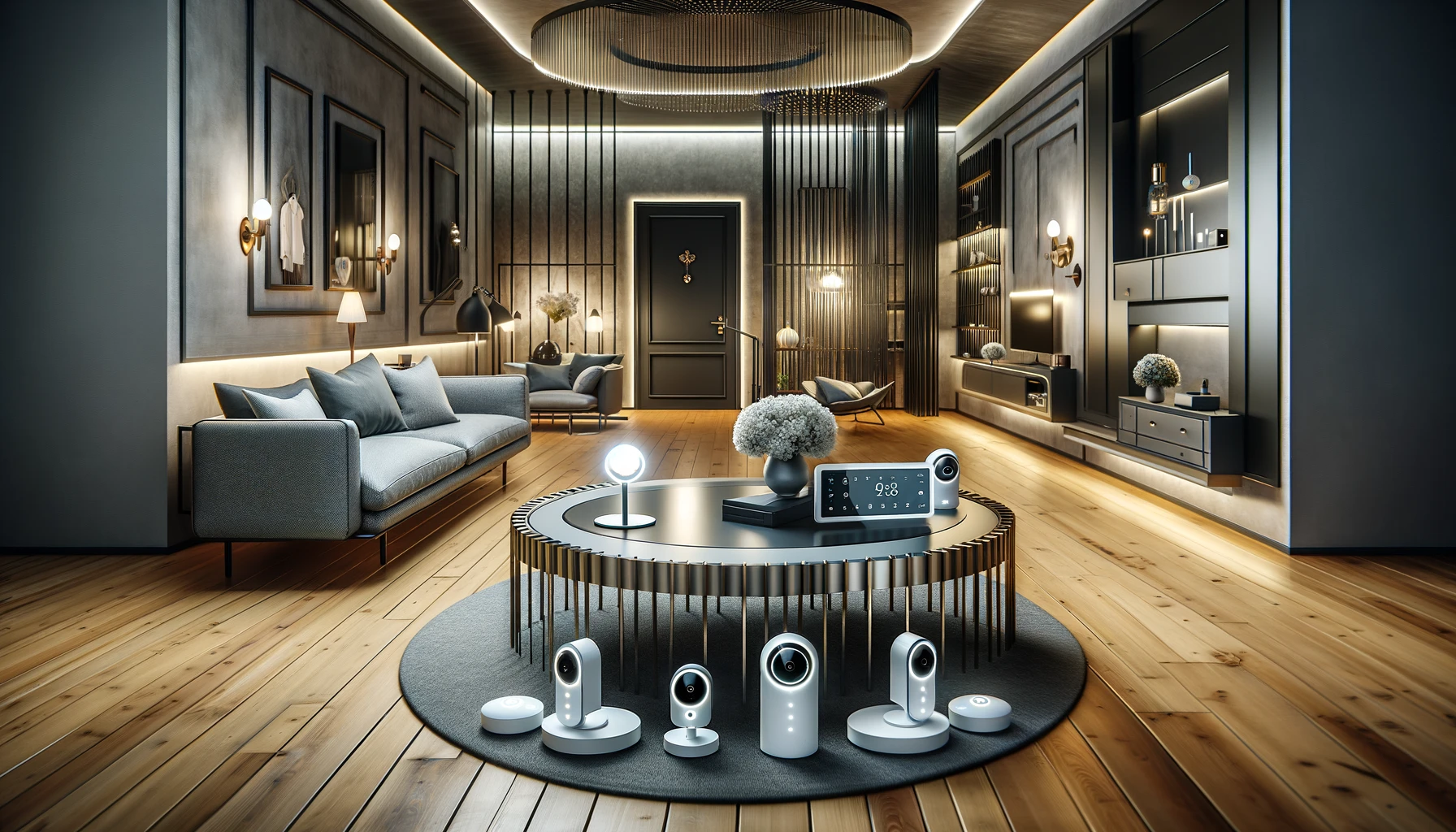 Modern living room with integrated smart home security system, featuring a central hub, smart cameras, smart locks, and sensors, emphasizing luxury and advanced technology.