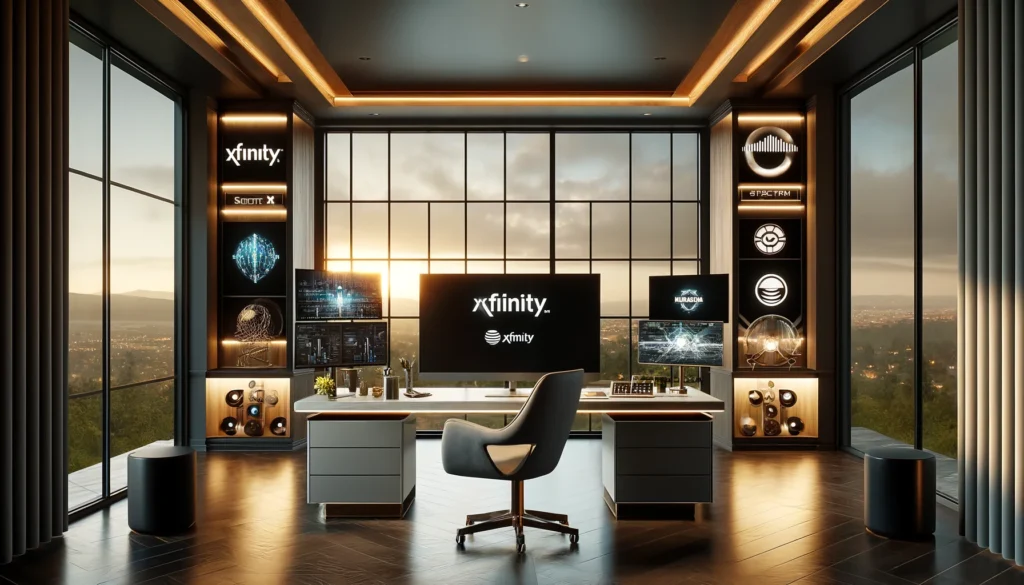 Sophisticated home office in Westminster, CA, featuring modern technology and ISP logos, highlighting digital connectivity.